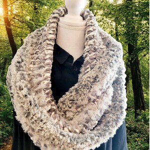 Twisted Crochet Infinity Scarf Cowl Handmade PNW Cream & Gray