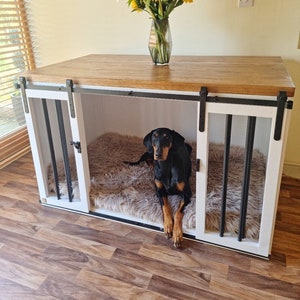 Handmade wooden dog crate furniture with sliding doors