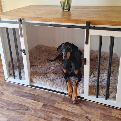 Handmade Wooden Dog Crate Furniture With Sliding Doors Etsy