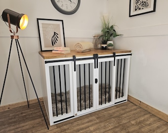 wooden, handmade dog crate furniture with sliding doors
