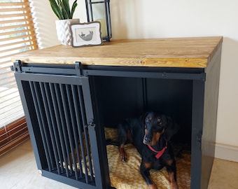 Handcrafted Wooden dog crate furniture with sliding doors