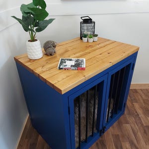 K&ouml;nnte beinhalten: Eine blaue Hundebox mit einer Oberseite aus Naturholz. Die Box hat zwei T&uuml;ren mit schwarzen St&auml;ben. Eine wei&szlig;e Vase mit einer gr&uuml;nen Pflanze, eine Igel-Figur und ein kleines Buch befinden sich oben. Eine schwarze Laterne und kleine Topfpflanzen befinden sich ebenfalls oben.