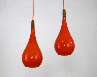 Wonderful pair of orange teardrop glass pendant lamps made by Holmegaard - Denmark 1960