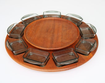 Digsmed turnable apero table named Lazy Susan in teakwood and 9 smoked glasses - Denmark 60's