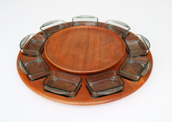 Vintage Digsmed Teak Lazy Susan – Danish Modern Smoked Glass