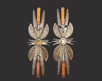 Rare Mid-Century Wall Sculpture in Iron & Orange Glass by Dantoft Kunstartikler, 1960s (Pair)