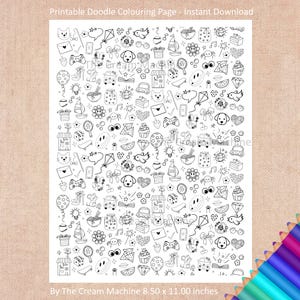Könnte beinhalten: Eine schwarz-weiße, druckbare Doodle-Malvorlage mit verschiedenen Illustrationen, darunter Katzen, Herzen, Drachen und Cupcakes. Die Seite misst 21,59 x 27,94 cm und trägt die Aufschrift "Printable Doodle Colouring Page - Instant Download."