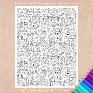 以下が含まれることがあります： 猫、車、虹など、さまざまな気まぐれなイラストが描かれた、白黒の印刷可能な落書きぬりえページ。「Printable Doodle Colouring Page - Instant Download」というテキストが上部にあります。ページサイズは21.59 x 27.94 cmです。