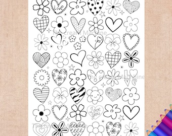 以下が含まれることがあります： ハートと花が描かれた、白黒の印刷可能な落書きぬりえページ。「Love」と「Love you」の文字が含まれています。ページのサイズは21.59 x 27.94 cmです。