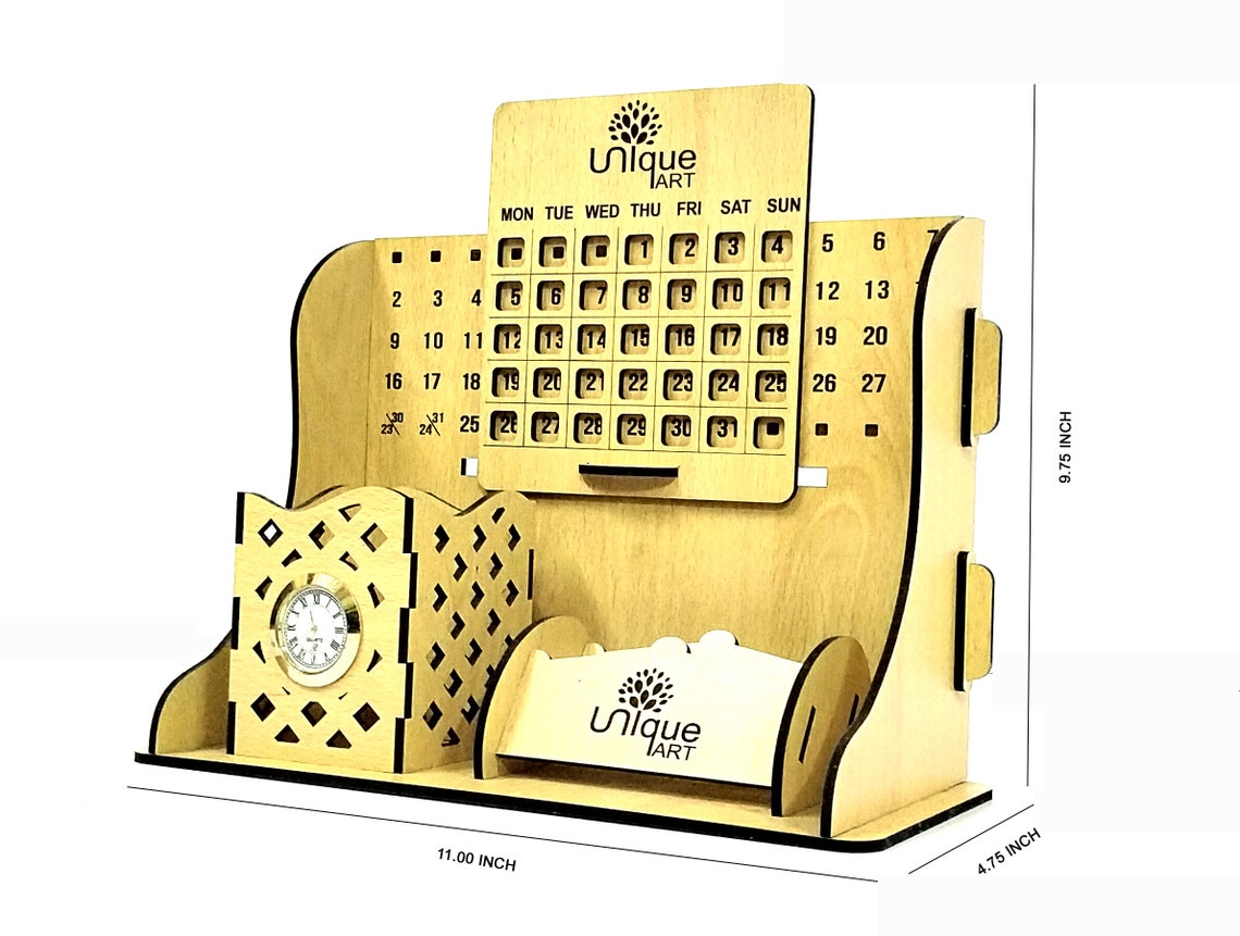 Wooden Calendarpen Stand Wood Perpetual Calendar Woodendesk Etsy