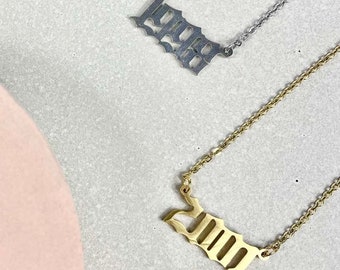 Gold and Silver Personalised Birth Year Necklace. Year Necklace. Anniversary Gift. Birthday Gift. Valentines Present. Gothic Year.