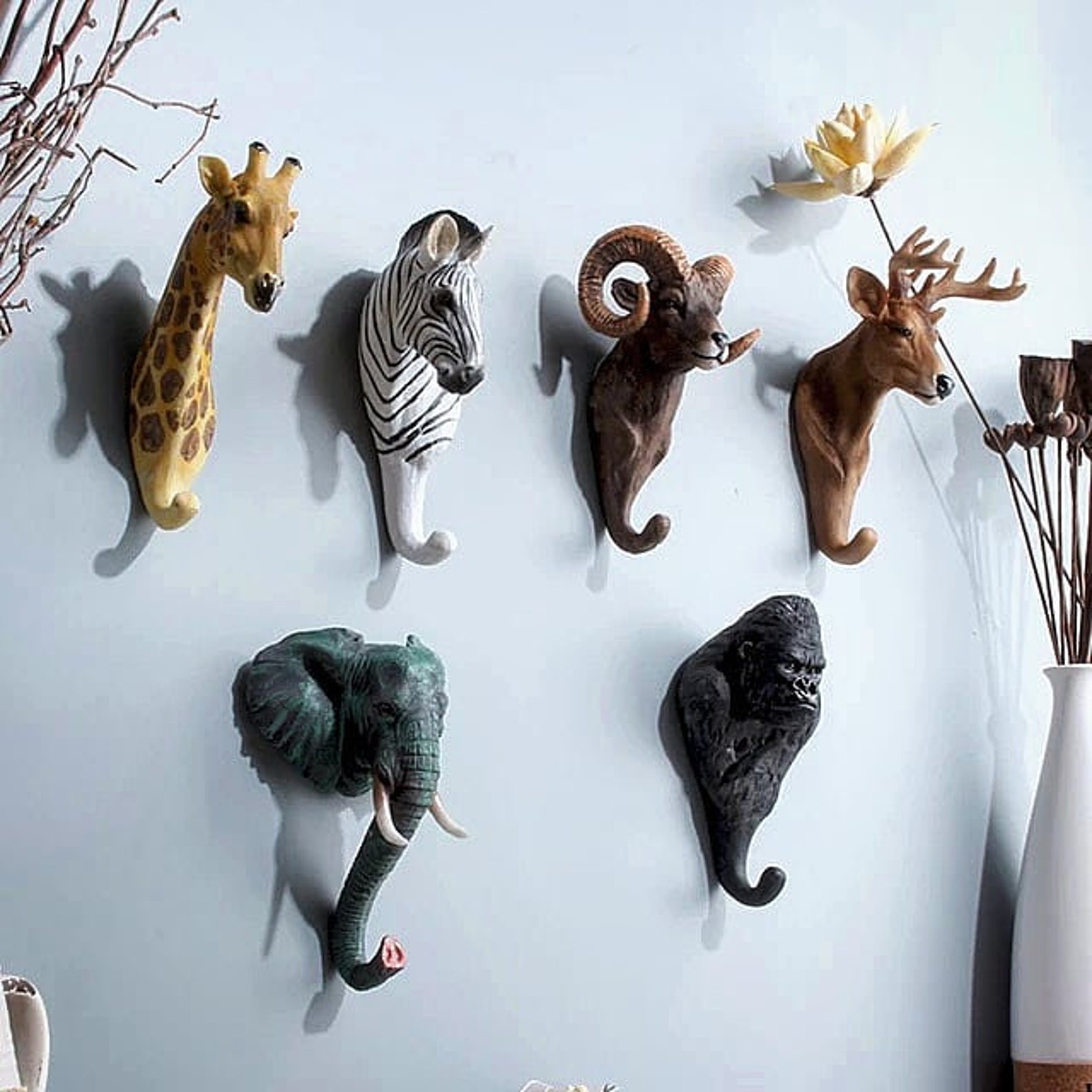 6 piece Wall Hangings // Wall Hook // Animal Head Wall Hanger Etsy