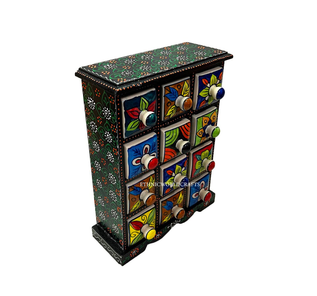 Wooden Hand Painted Ceramic Drawer, 12 Trinket Box, Small Chest of