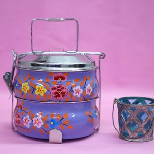 Indian Tiffin Steel Lunchbox, HandPainted Enamelware Two Compartment, Kashmiri handicrafts, Enamel ware kashmir India, enamelware tiffin box