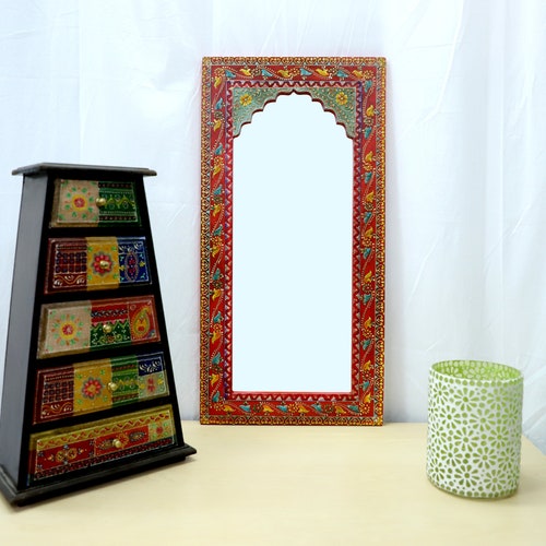 Black Arched Wooden Mandir Wall Mirror With Mehendi Work Etsy UK