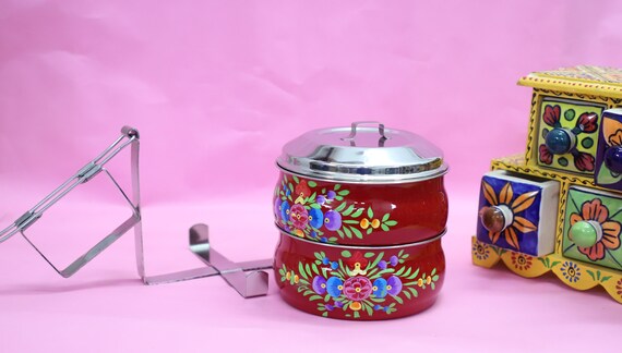 Kaushalam Hand Painted 3 Tier Lunch Box, Indian Dabba, Stainless Steel Eco- box, 3 Food Containers Tiffin, Food Grade Containers 
