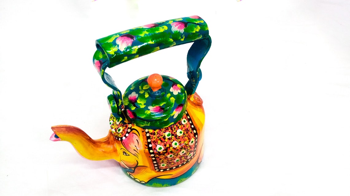 Traditional Hand Painted Kettle With Lid Rajasthani Painted Metallic