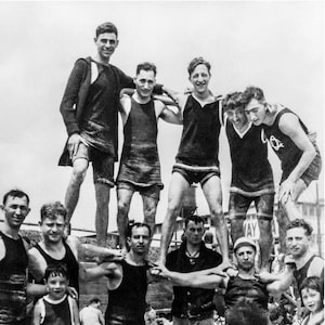 Men Boys on the Beach Photo Print, 1920s | Vintage Photo Print | Fine Art Photography | Black and White | Wall Art | Beach House Decor