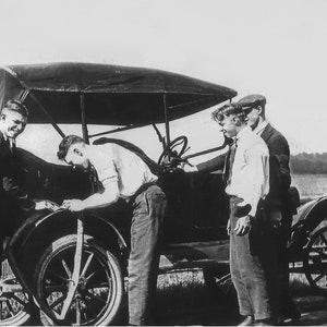Antique Car Photo Print | Men Changing Flat Tires on Ford Model T | automobile photo | Fine Art Photography | Black and White