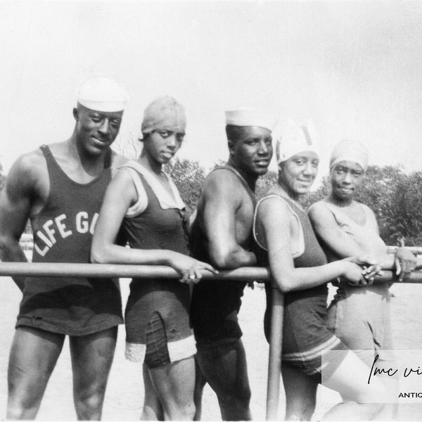 African American Group on the Boardwalk 1920s Photo Print | Vintage Black Americana  | 1920s Public Pool Beach Life Guard