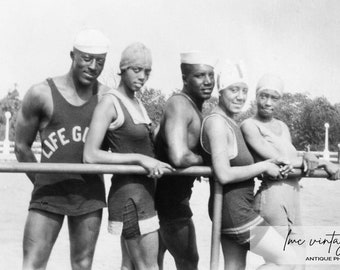 African American Group on the Boardwalk 1920s Photo Print | Vintage Black Americana  | 1920s Public Pool Beach Life Guard