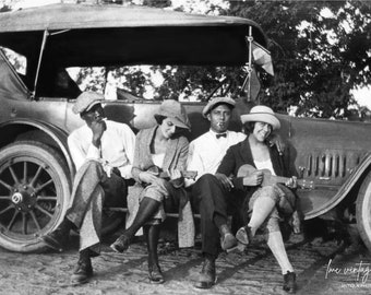 1920s Black Couples Photo Print: Vintage Ukuleles & Ford Car