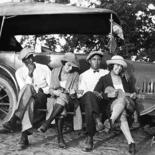 1920s Black Couples Photo Print: Vintage Ukuleles & Ford Car