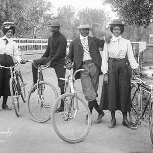 Men and Women on Bikes Photo Print | Vintage Black Americana | 1910s Edwardian Victorian Cyclists