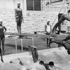 Kids at Neighborhood Pool Photo Print | Vintage Black Americana | Swimsuits Swimming Diving Kansas City