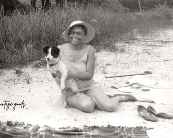 African American Woman on the Beach with Dog Photo Print | Vintage Black Americana Photo | 1920s Flapper Jazz Age