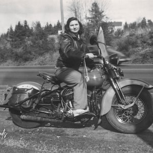 Woman on a Motorcycle Photo Print | 1940s Female Biker Harley-Davidson Flathead