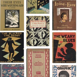 Może przedstawiać: Kolekcja zabytkowych okładek książek z uderzającymi grafikami. Tytuły to &bdquo;Their Eyes Were Watching God&rdquo;, &bdquo;The Blacker the Berry&rdquo; i &bdquo;The Weary Blues&rdquo;. Okładki charakteryzują się odważnymi kolorami, ilustracjami i typografią, prezentując szereg dzieł literackich.