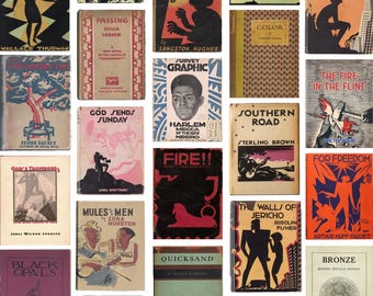 May include: A collection of vintage book covers, featuring titles like "Their Eyes Were Watching God" and "The Weary Blues." The covers display various artistic styles, with bold typography and illustrations in a range of colors, showcasing literature.