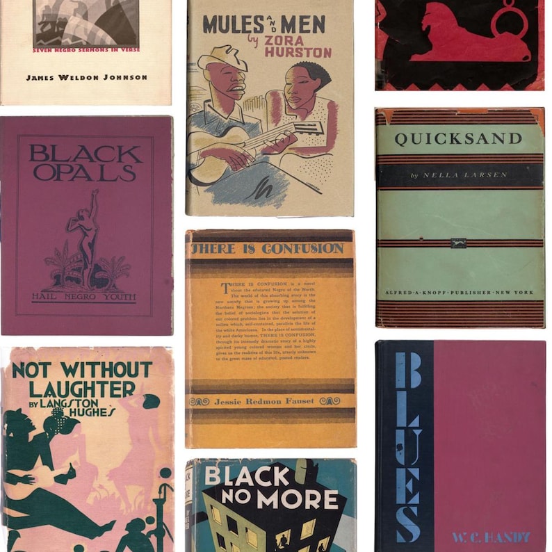 Może przedstawiać: Kolekcja starych książek z kolorowymi okładkami. Tytuły to m.in. "Mules and Men", "Black Opals" i "Blues". Okładki zawierają ilustracje i tekst, prezentując r&oacute;żnorodne dzieła literackie.
