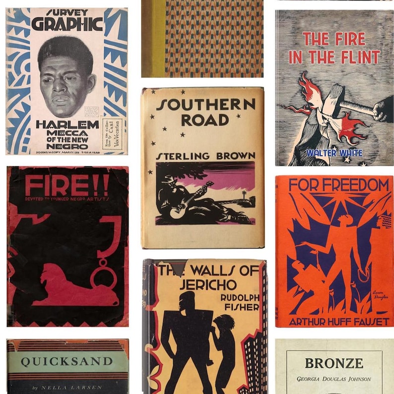 Może przedstawiać: Kolekcja zabytkowych okładek książek z odważnymi grafikami. Tytuły to &bdquo;Survey Graphic&rdquo;, &bdquo;Harlem Mecca of the New Negro&rdquo;, &bdquo;Southern Road&rdquo;, &bdquo;The Fire in the Flint&rdquo; i &bdquo;For Freedom&rdquo;. Okładki zawierają ilustracje i tekst.