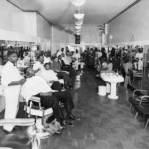 1930s Barbershop with Patrons 1935 Vintage Photo Print| Black Americana | Shaving, Haircut, Barbers Roxbury Boston, Mass