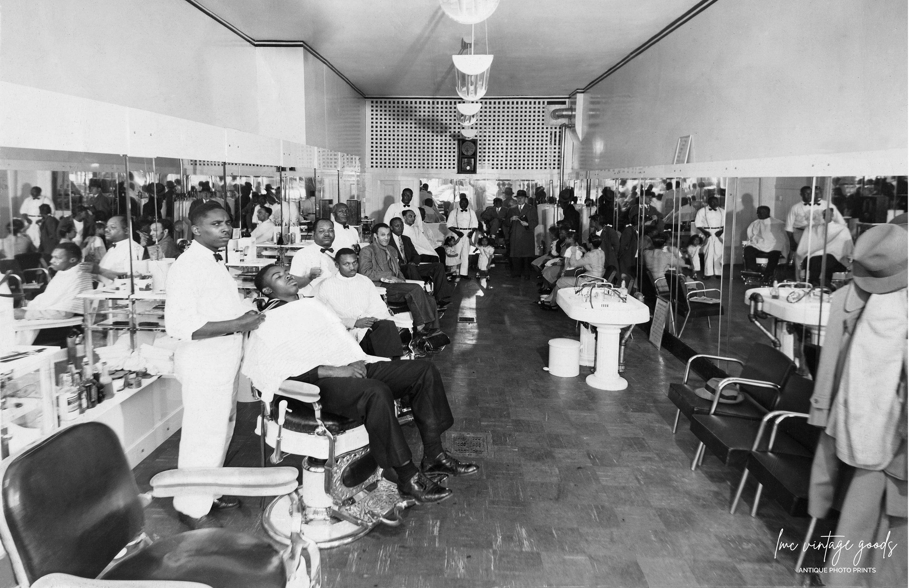 1930s Barbershop with Patrons 1935 Vintage Photo Print| Black Americana | Shaving, Haircut, Barbers Roxbury Boston, Mass