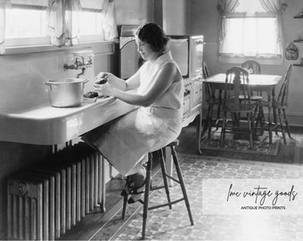 Woman Peeling Potatoes at Kitchen Sink Photo Print | 1920s Vintage Photograph | Kitchen Art Farmhouse Decor