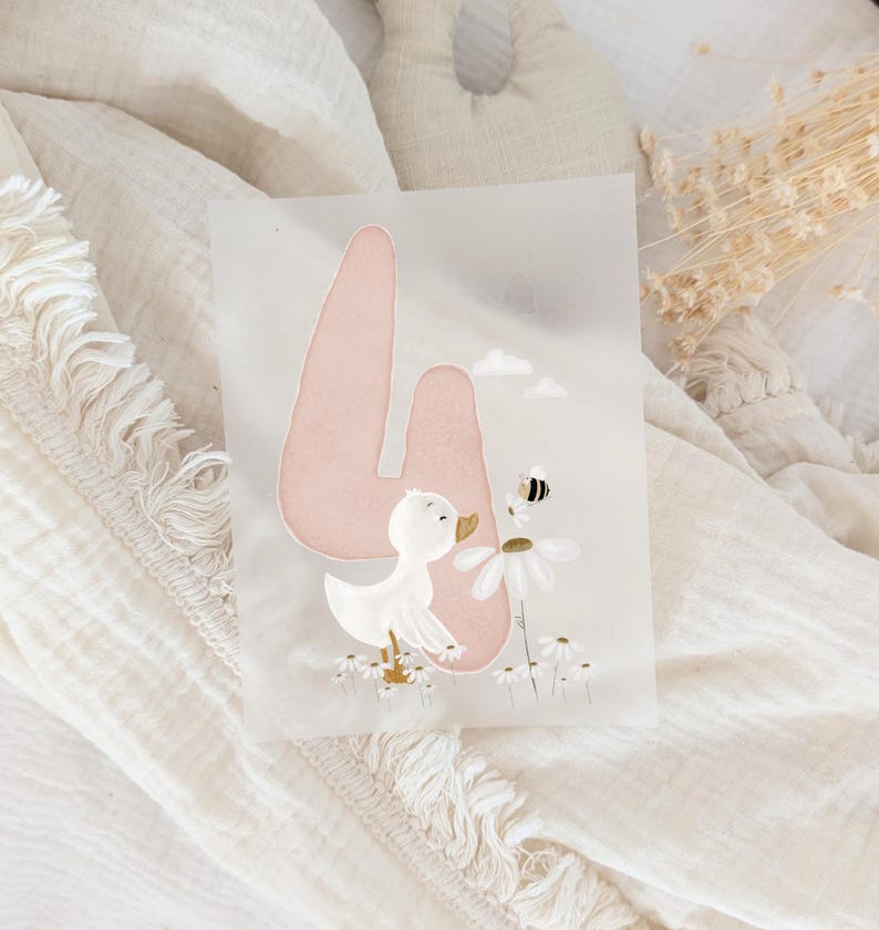 May include: A rectangular translucent card featuring a large, soft pink number four. A white duckling stands among small white daisies, looking toward a small bee hovering near a larger daisy. Two small white clouds are positioned above the duckling.