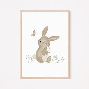 Kinderposter Hase mit Biene A4 - Hase mit Gans, Hase mit Biene, Schmetterling und Blume Geschenk Kinderzimmer Poster Kinderbild Häschen