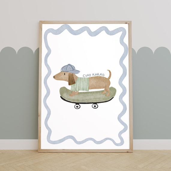 Kinderposter Dackel auf Skateboard A4 - mit Kappe, Ciao Kakao, Geschenk Retro Poster zur Geburt oder Babyparty, Kinderbild (J-0546)