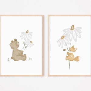 Kinderposter Bär und Fuchs Gänseblümchen A4 Poster Frühling Geschenk Kinderzimmer poster Baby Kinderbild babyposter kinderzimmerposter