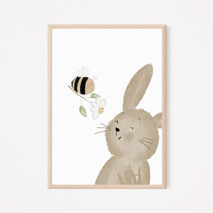 Kinderposter Hase mit Biene A4 - Hase mit Gans, Hase mit Biene, Schmetterling und Blume Geschenk Kinderzimmer Poster Kinderbild Häschen