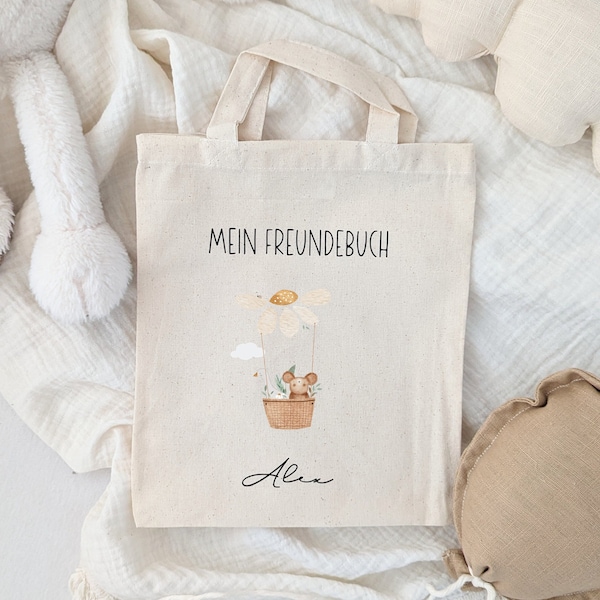 Kindertasche für Freundebuch| Kindergarten und Schule, Stoffbeutel mit Henkel. Blume Gans Bär Regenbogen Stofftasche mit Name Personalisiert