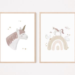Kinderposter A4 im Set Einhorn Gans Schwan Blumen Poster Frühling Geschenk Kinderzimmer poster Baby Kinderbild babyposter Regenbogen Rosa