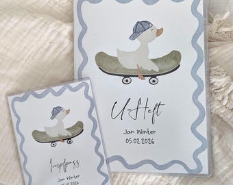 Personalized baby booklet and vaccination certificate with goose on skateboard | with daisies, protective cover, baby gift for boys (J-0480, J-0481)