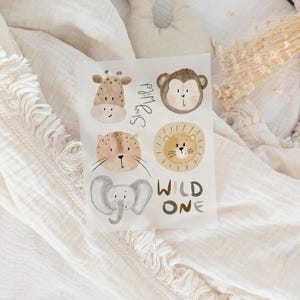 Bügelbilder Set Safari A5 Tierköpfe Wild One | Bügelbild Kinder Babyparty Löwe Giraffe Affe Elefant (J-0064)