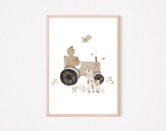 Puede incluir: Ilustración en acuarela de un oso conduciendo un tractor marrón claro, con una vaca, un pájaro y abejas. La obra de arte tiene una paleta de colores neutros. La vaca es blanca con manchas marrones. El tema general son los animales de granja.