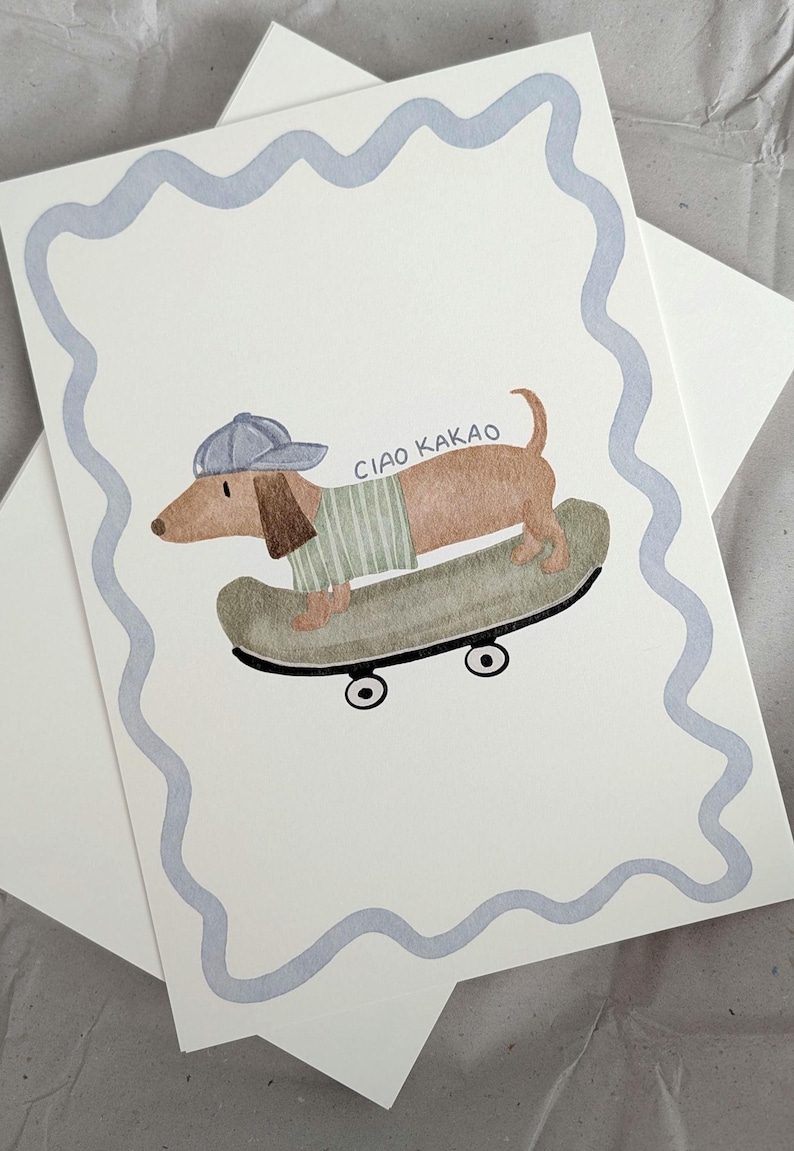 Póster infantil Dachshund en monopatín A4 - con gorra, Ciao Kakao, póster de regalo retro para nacimiento o baby shower, imagen infantil (J-0546) imagen 5