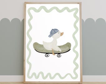 Children's poster of a goose on a retro skateboard, A4 size - with cap, gift for a child's room, poster for a birth or baby shower, children's picture (J-0545)